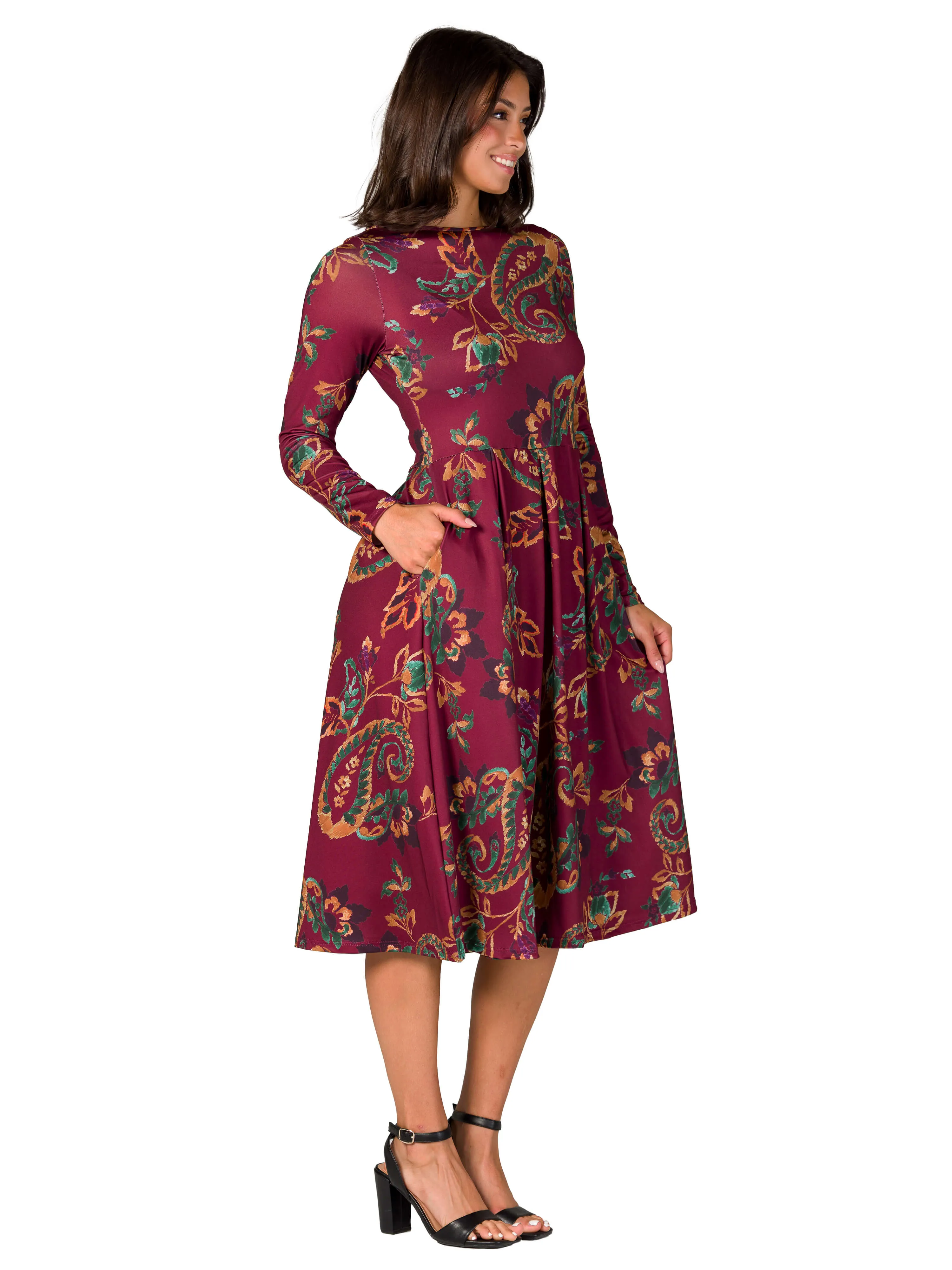 Wine Paisley Midi Length Long Sleeve Pocket Dress