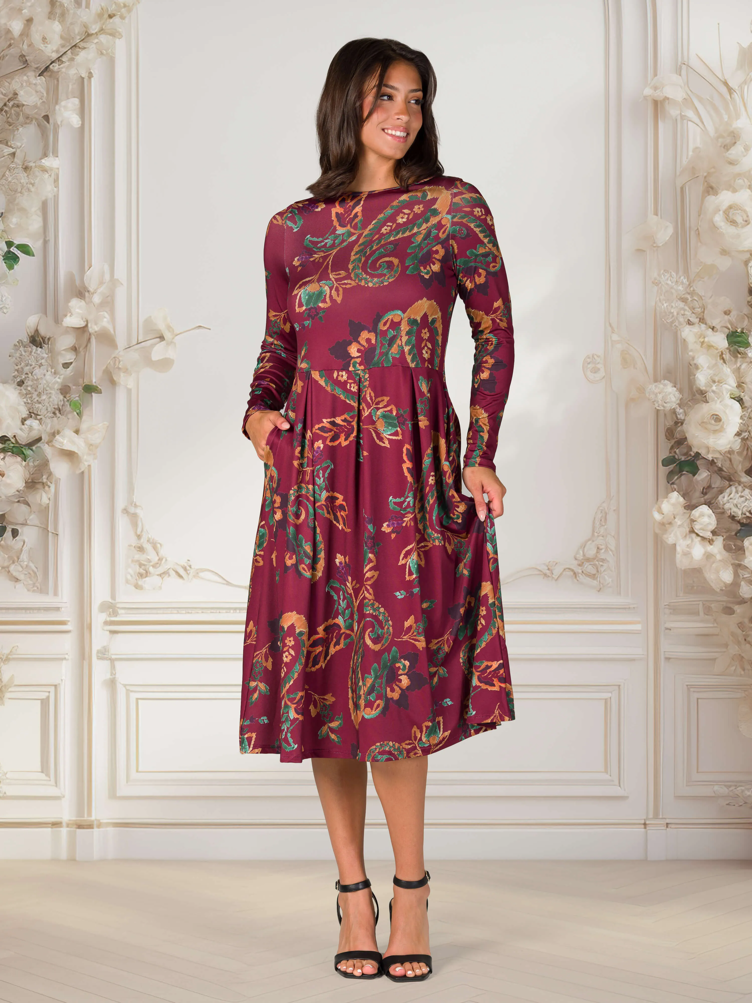 Wine Paisley Midi Length Long Sleeve Pocket Dress