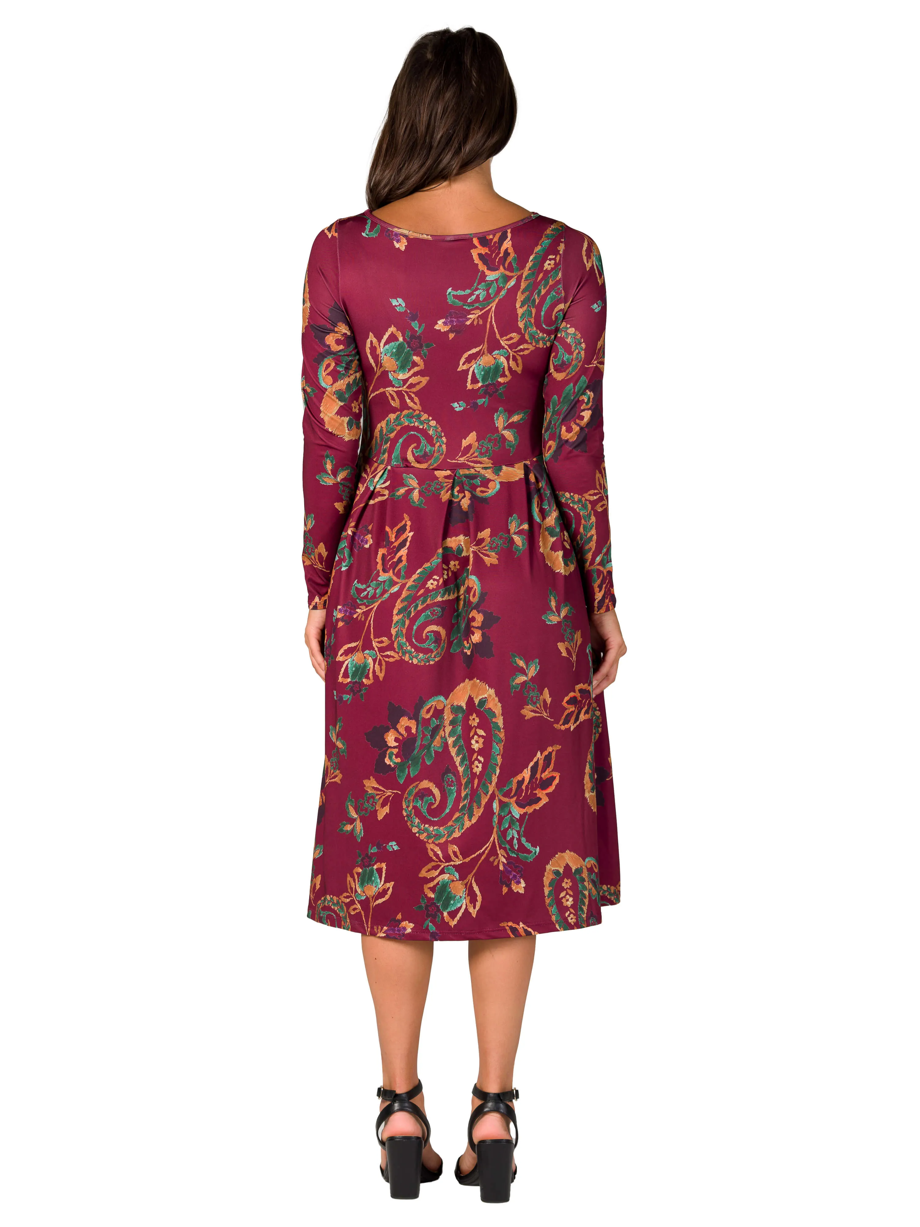 Wine Paisley Midi Length Long Sleeve Pocket Dress