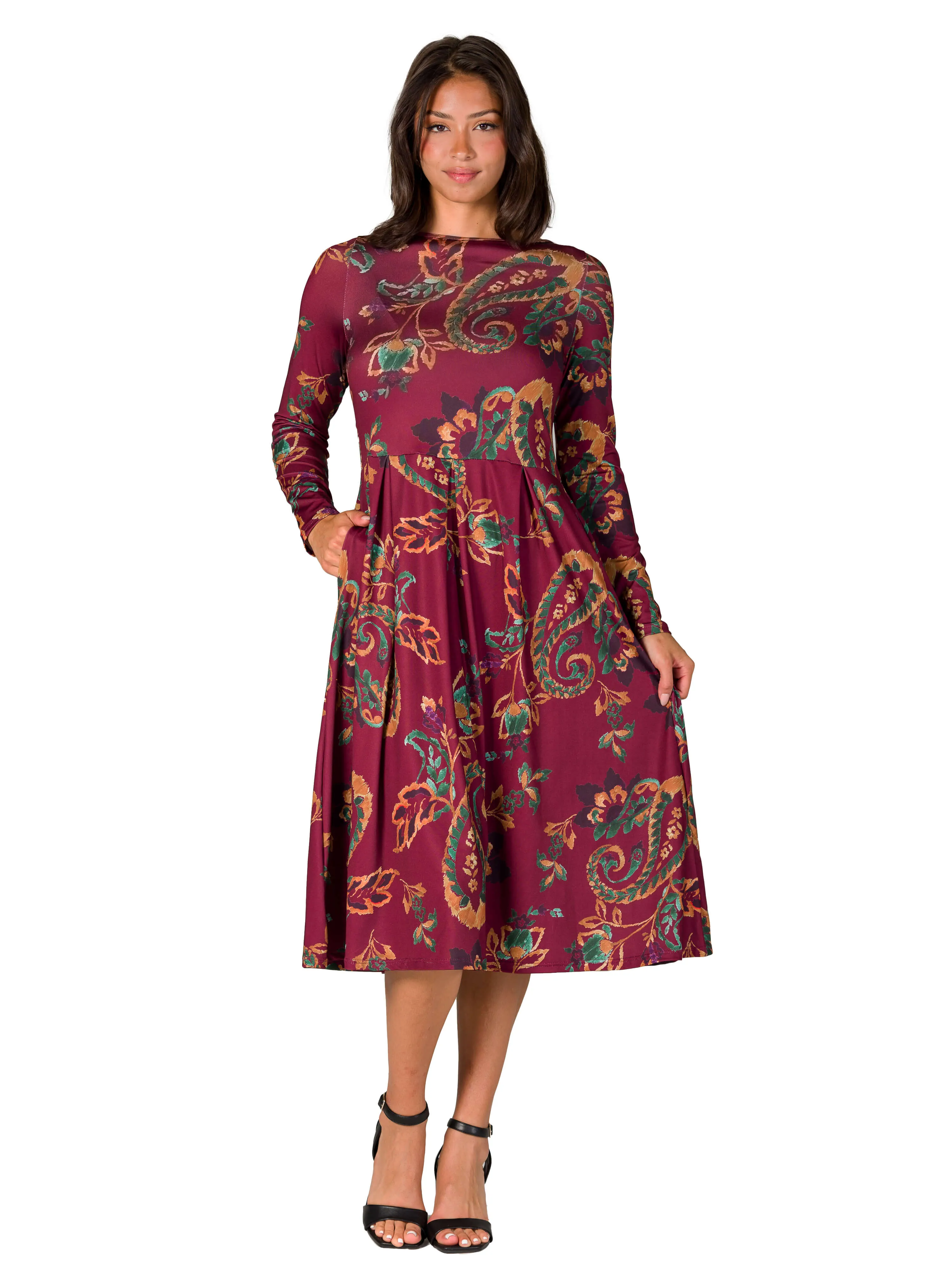 Wine Paisley Midi Length Long Sleeve Pocket Dress