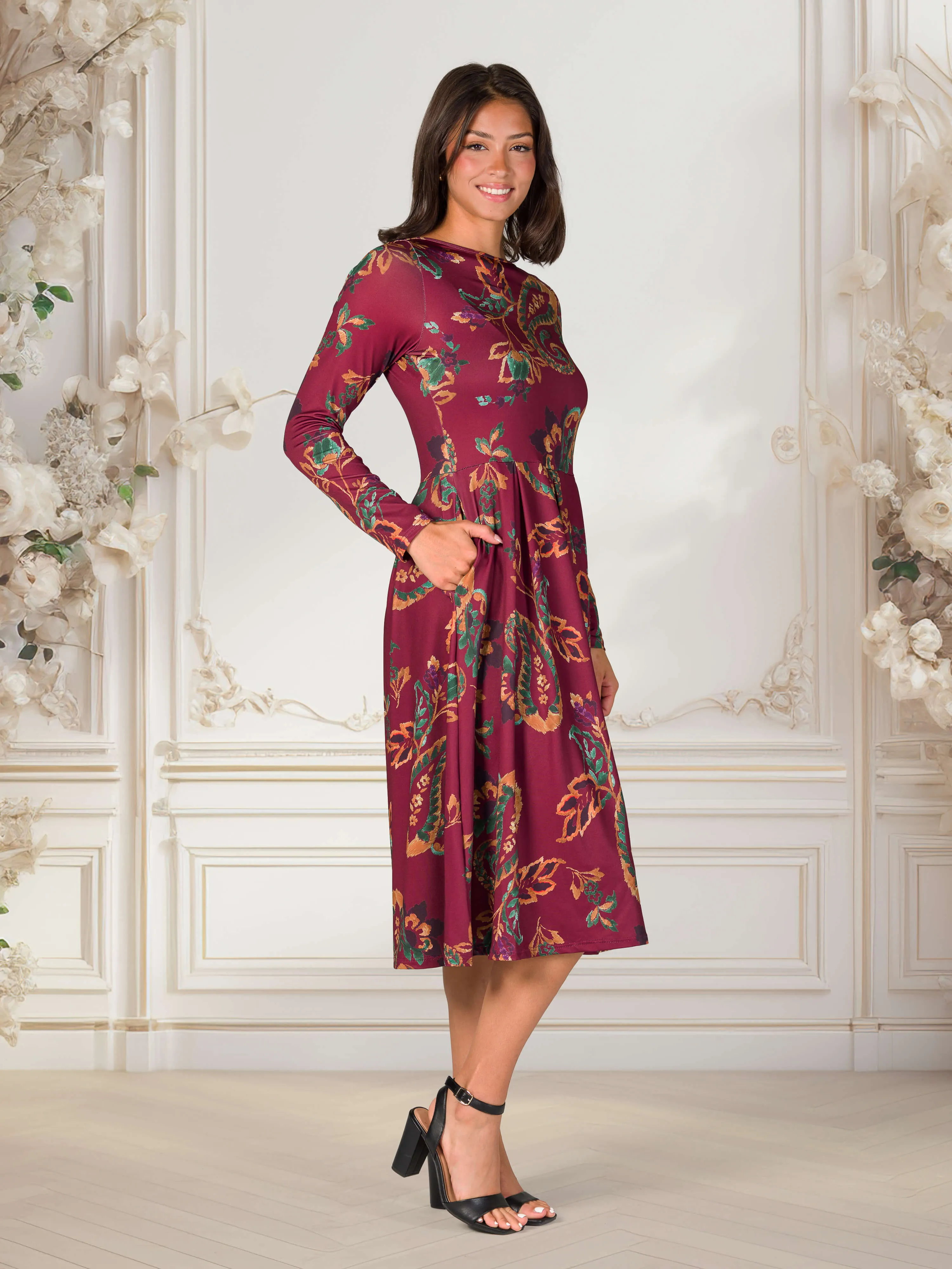 Wine Paisley Midi Length Long Sleeve Pocket Dress