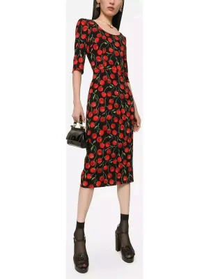 Women’s Cherry-Print Charmeuse Calf-Length Dress