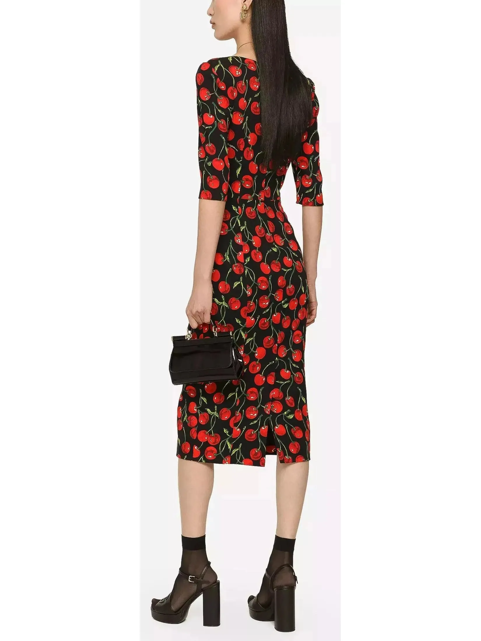 Women’s Cherry-Print Charmeuse Calf-Length Dress