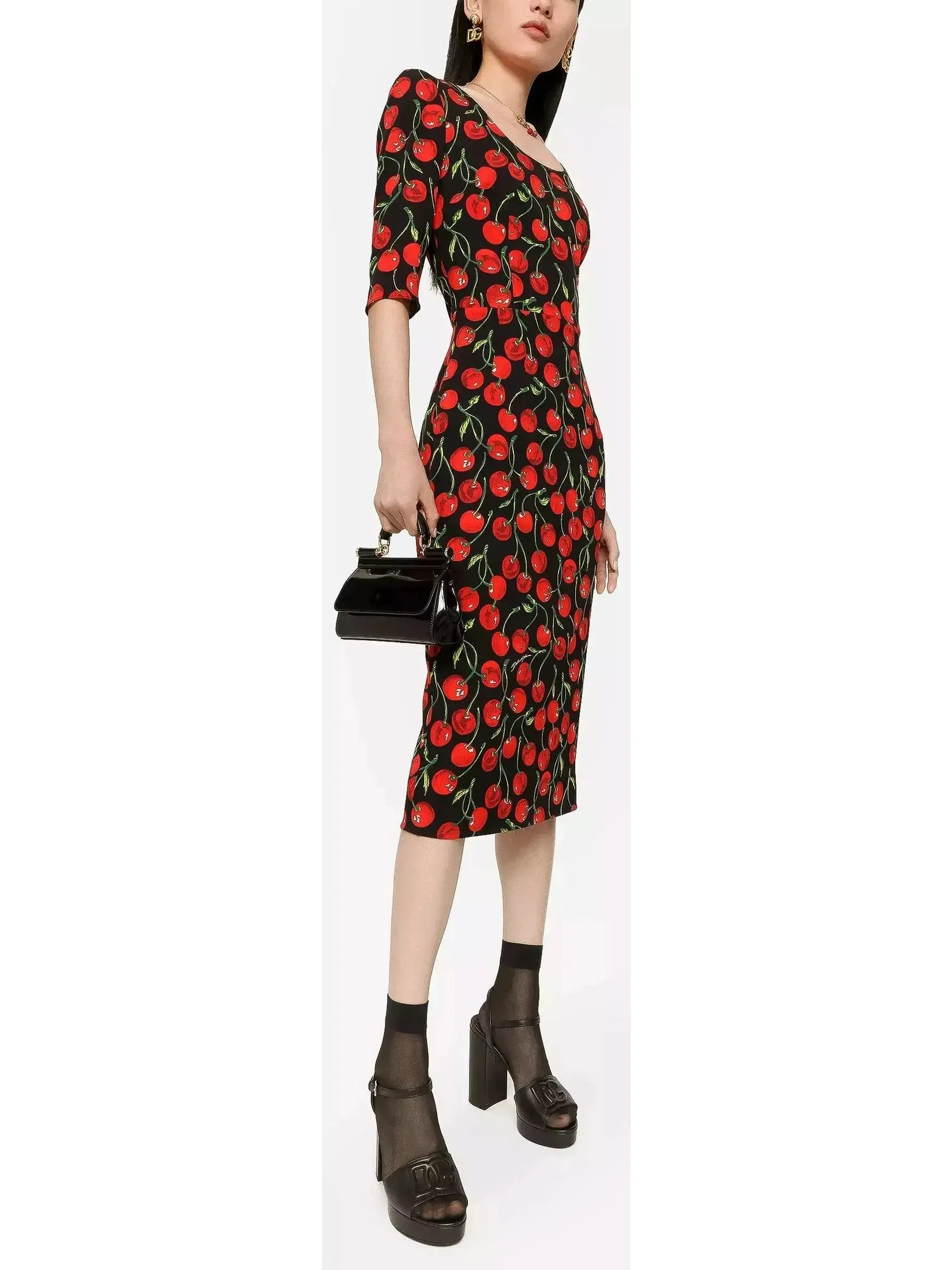 Women’s Cherry-Print Charmeuse Calf-Length Dress