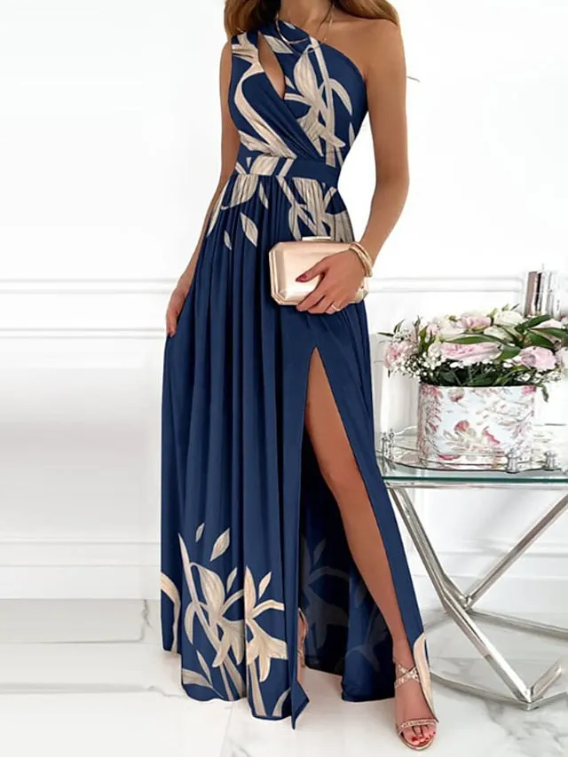 Women's Formal Party Dress Swing Dress Long Dress Maxi Dress Green Blue Pink Dark Blue Rainbow Red Beige White Black Sleeveless Floral Pure Color Split Cut Out Print Spring Summer One Shoulder Elegant