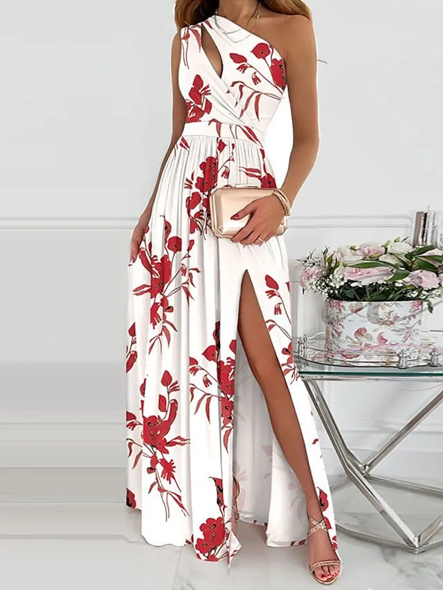 Women's Formal Party Dress Swing Dress Long Dress Maxi Dress Green Blue Pink Dark Blue Rainbow Red Beige White Black Sleeveless Floral Pure Color Split Cut Out Print Spring Summer One Shoulder Elegant