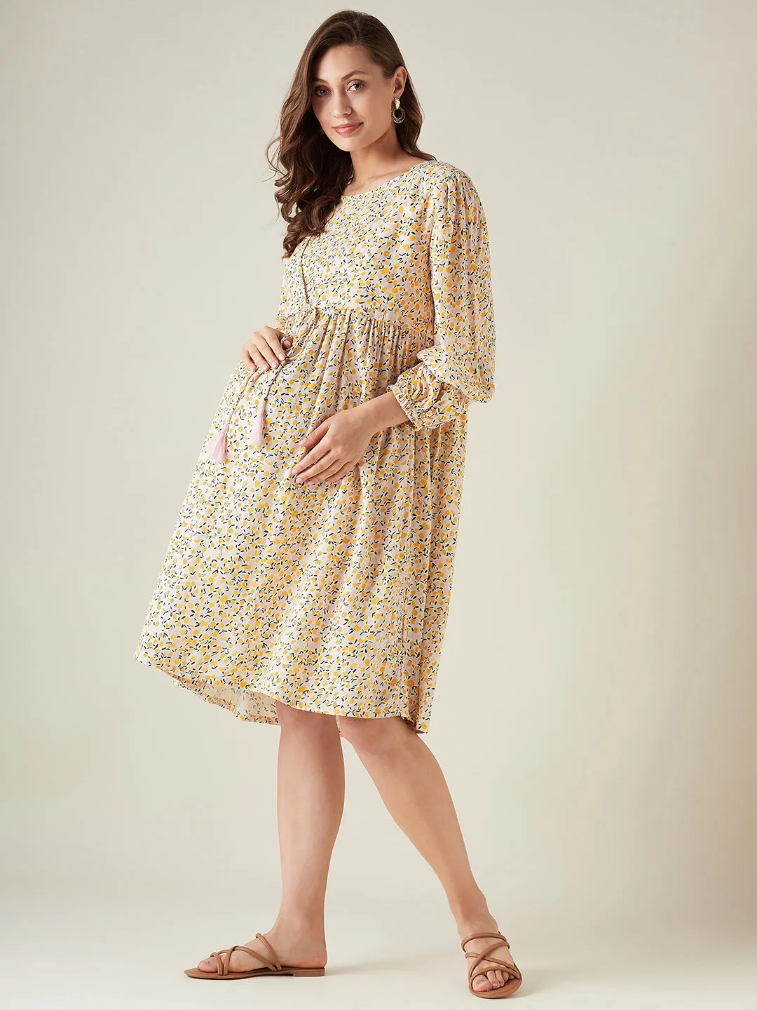 Yellow floral maternity and feeding dress